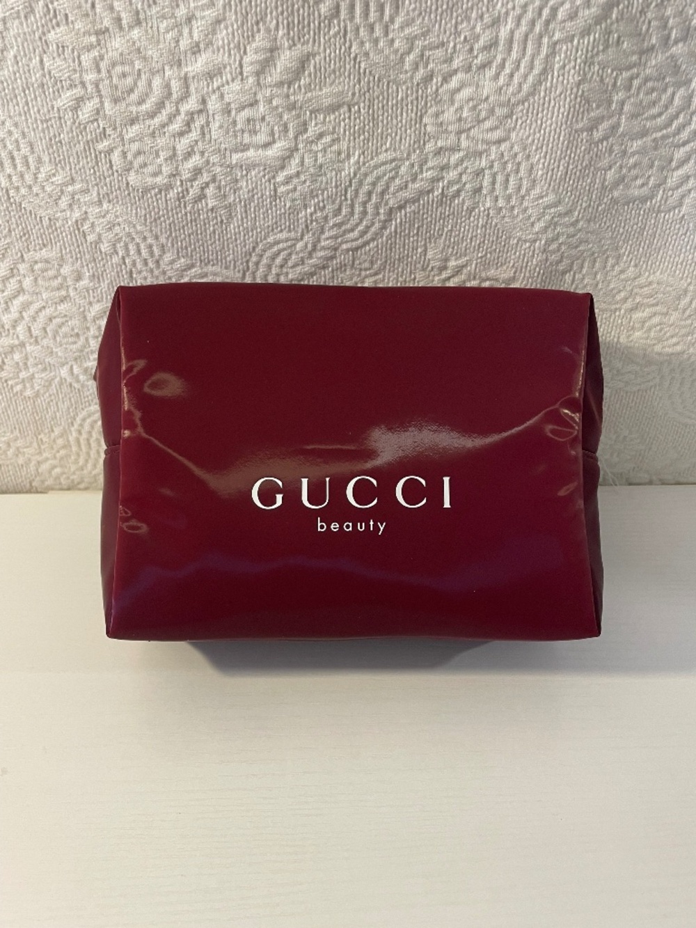 Gucci Beauty Burgundy Maroon Glossy Cosmetic Makeup Bag Pouch